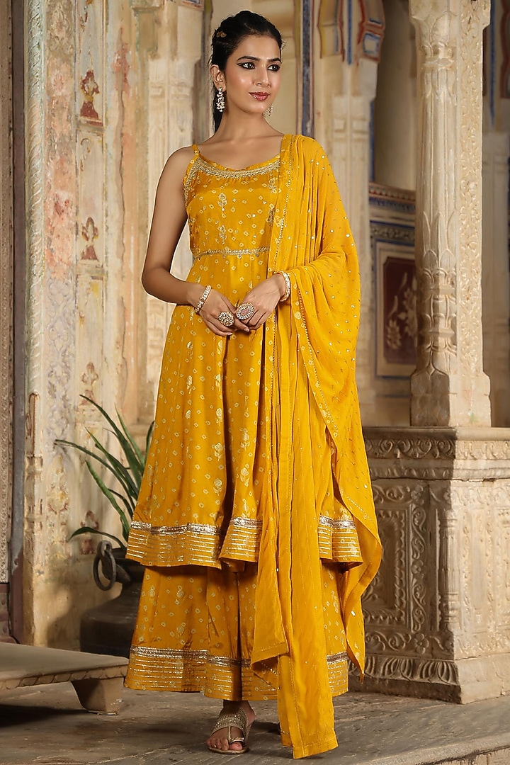 Mustard Lenzing Silk Printed & Embellished Anarkali Set by Scakhi Luxe at Pernia's Pop Up Shop