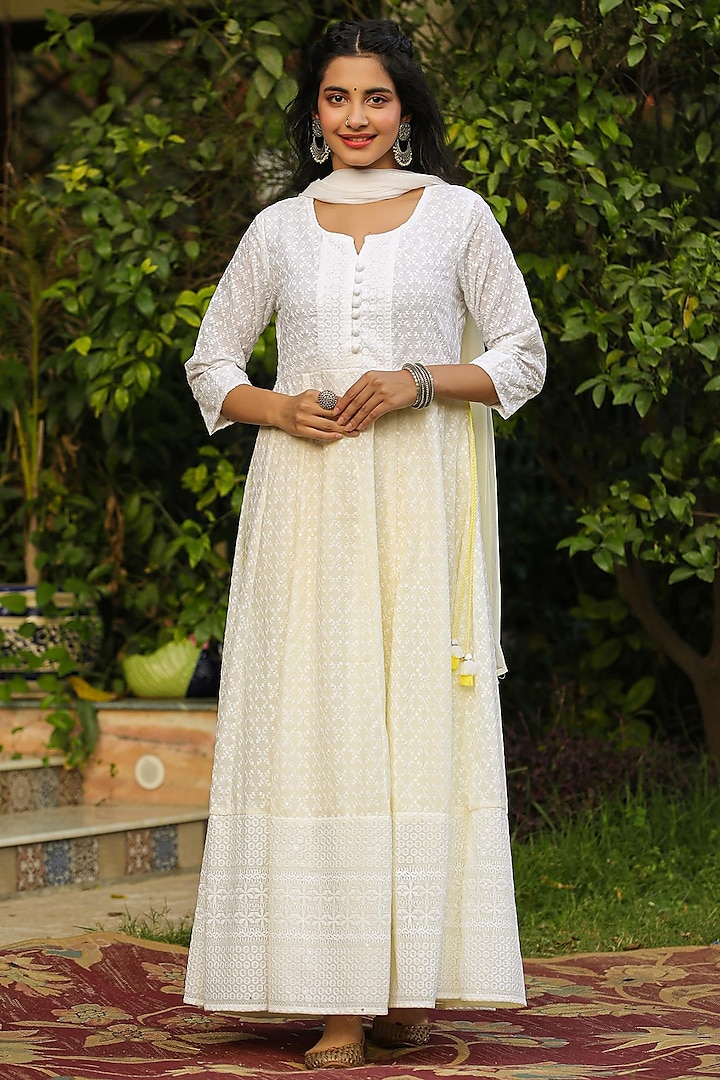 White Cotton Chikankari Anarkali Set by Scakhi