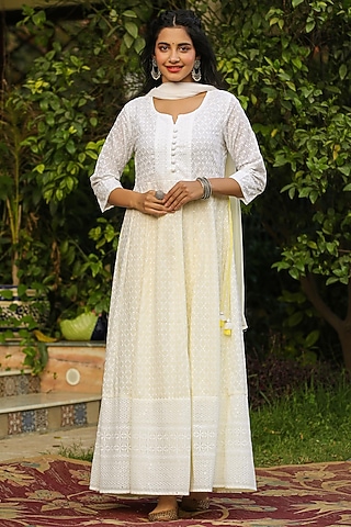 White Cotton Chikankari Anarkali Set by Scakhi Luxe
