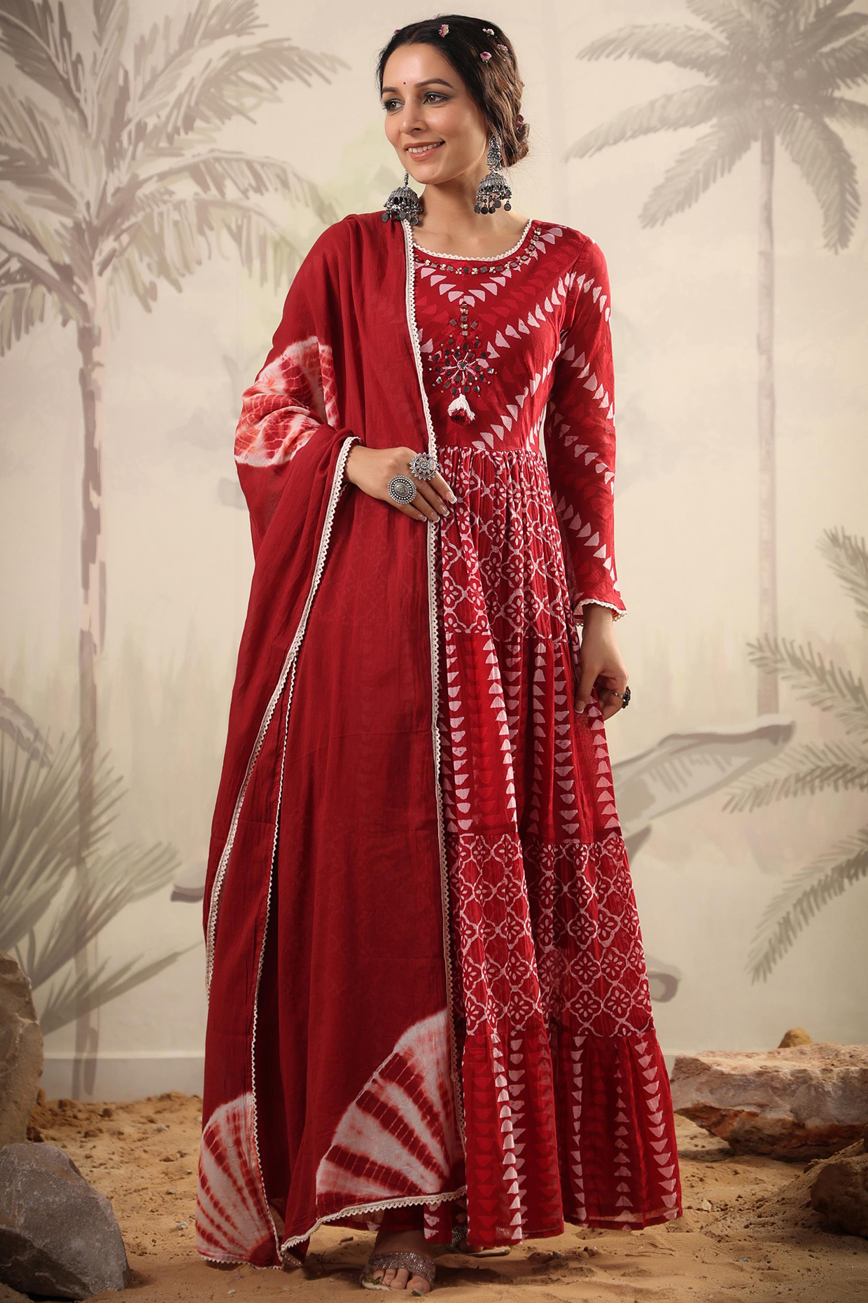 Red Cotton Mulmul Printed & Embroidered Anarkali Set by Scakhi Luxe at Pernia's Pop Up Shop