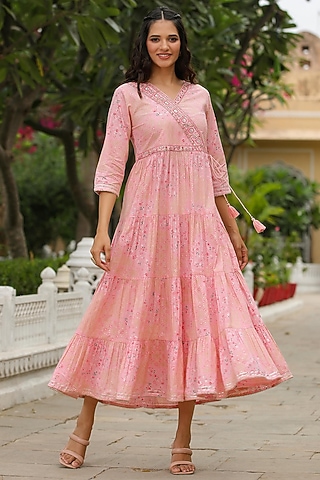 Pink Cotton Printed Tiered Dress by Scakhi Luxe
