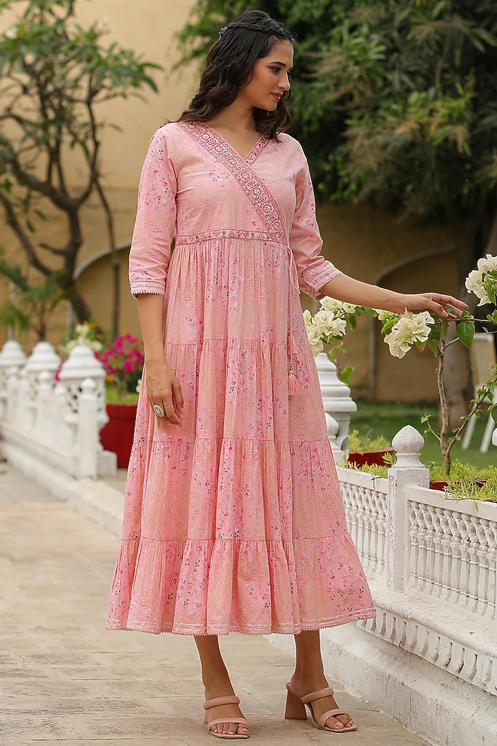 Pink Cotton Printed Tiered Summer Dress by Scakhi Luxe at Pernia's Pop Up Shop