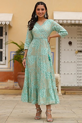 Turquoise Cotton Printed Tiered Dress by Scakhi Luxe