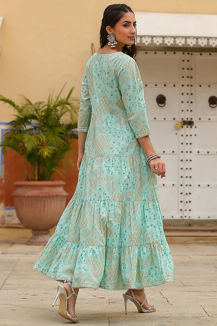 Turquoise Cotton Printed Tiered Summer Dress by Scakhi Luxe at Pernia's Pop Up Shop