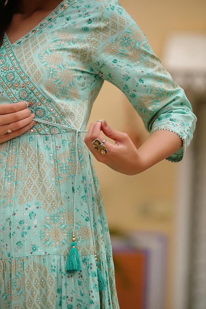 Turquoise Cotton Printed Tiered Summer Dress by Scakhi Luxe at Pernia's Pop Up Shop