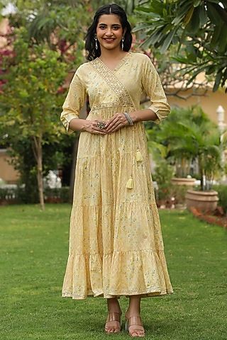 Yellow Cotton Printed Tiered Dress by Scakhi Luxe