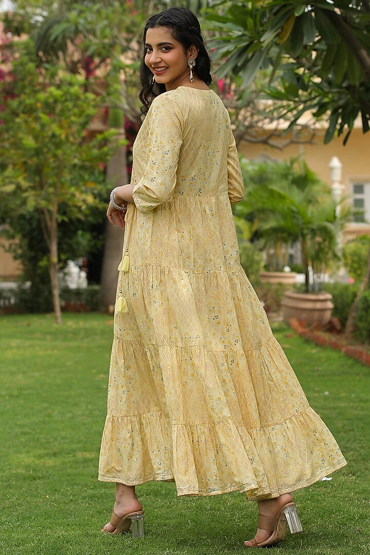 Yellow Cotton Printed Tiered Summer Dress by Scakhi Luxe at Pernia's Pop Up Shop