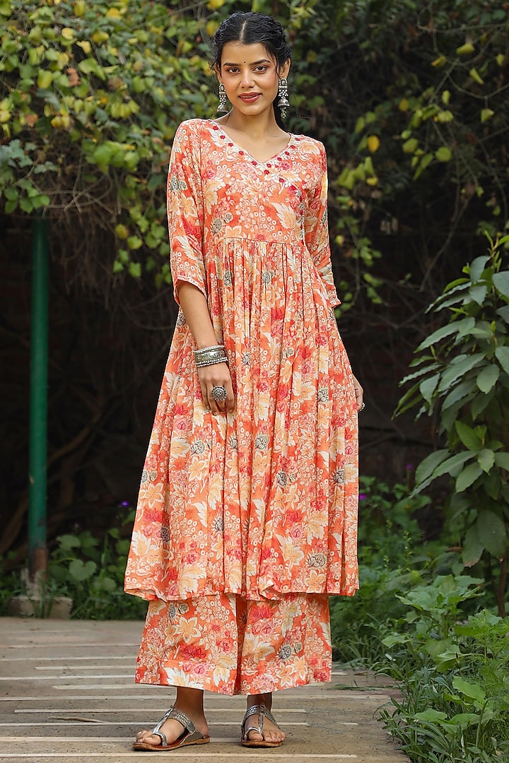 Orange Chiffon Printed Anarkali Set by Scakhi at Pernia's Pop Up Shop