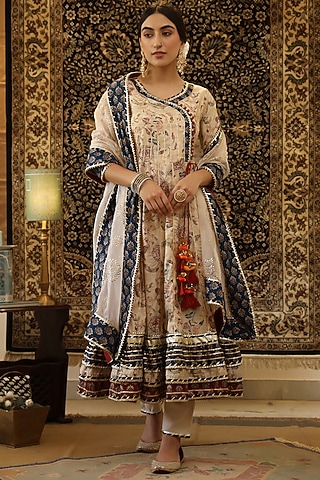 Beige Printed Anarkali Set by Scakhi Luxe