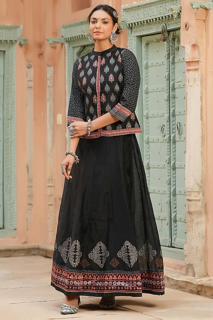 Black Kora Silk Anarkali With Jacket by Scakhi Luxe at Pernia's Pop Up Shop