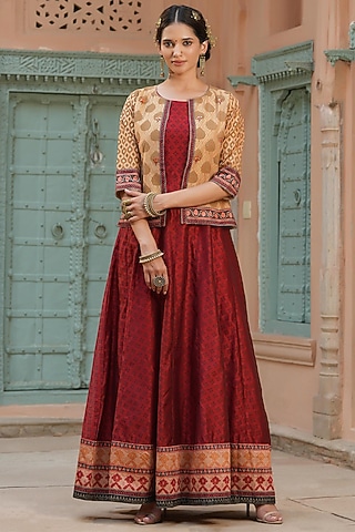 Maroon Kora Silk Anarkali With Jacket by Scakhi Luxe