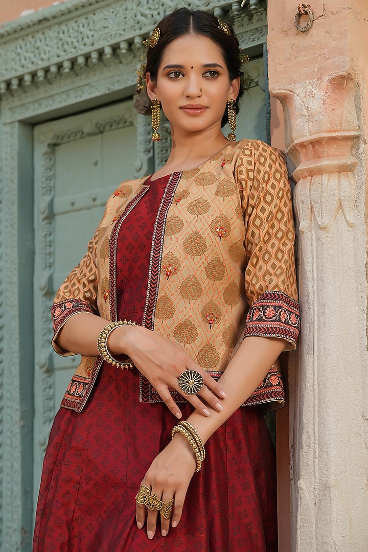 Maroon Kora Silk Party Wear Anarkali With Jacket by Scakhi Luxe at Pernia's Pop Up Shop