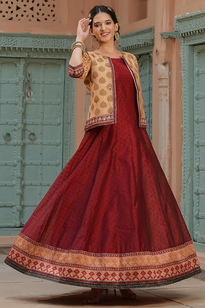 Maroon Kora Silk Party Wear Anarkali With Jacket by Scakhi Luxe at Pernia's Pop Up Shop