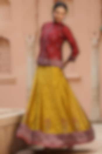 Mustard Banarasi Printed Anarkali With Jacket by Scakhi Luxe at Pernia's Pop Up Shop