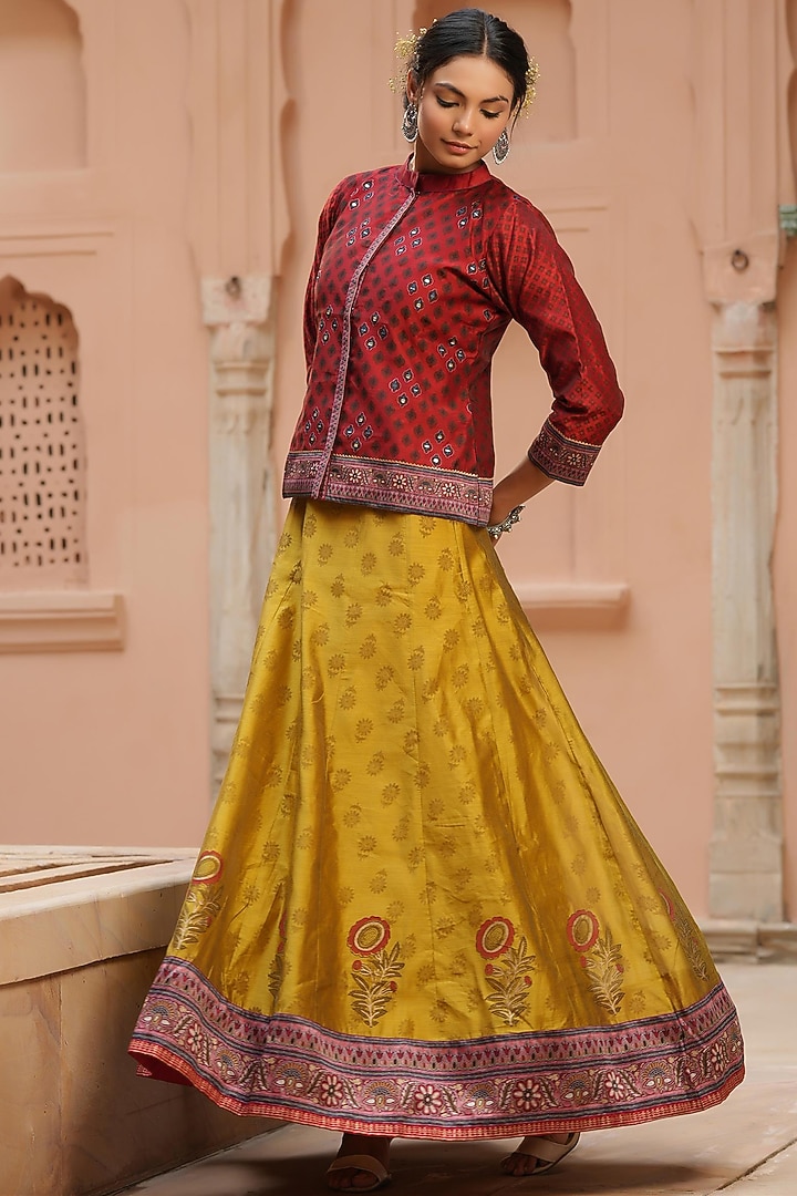 Mustard Banarasi Printed Anarkali With Jacket by Scakhi Luxe at Pernia's Pop Up Shop