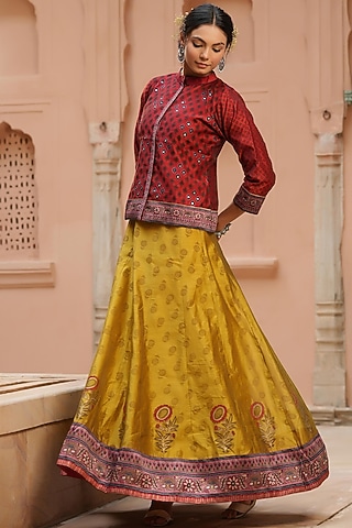 Mustard Banarasi Printed Anarkali With Jacket by Scakhi Luxe