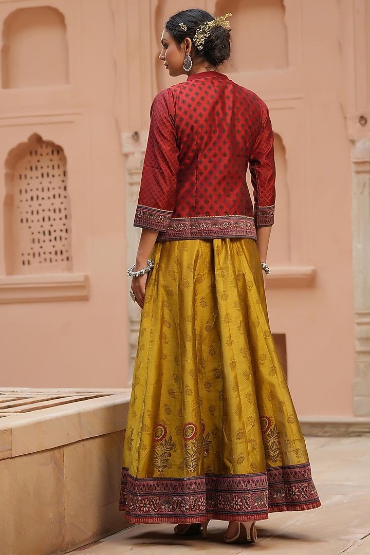 Mustard Banarasi Printed Anarkali With Jacket by Scakhi Luxe at Pernia's Pop Up Shop