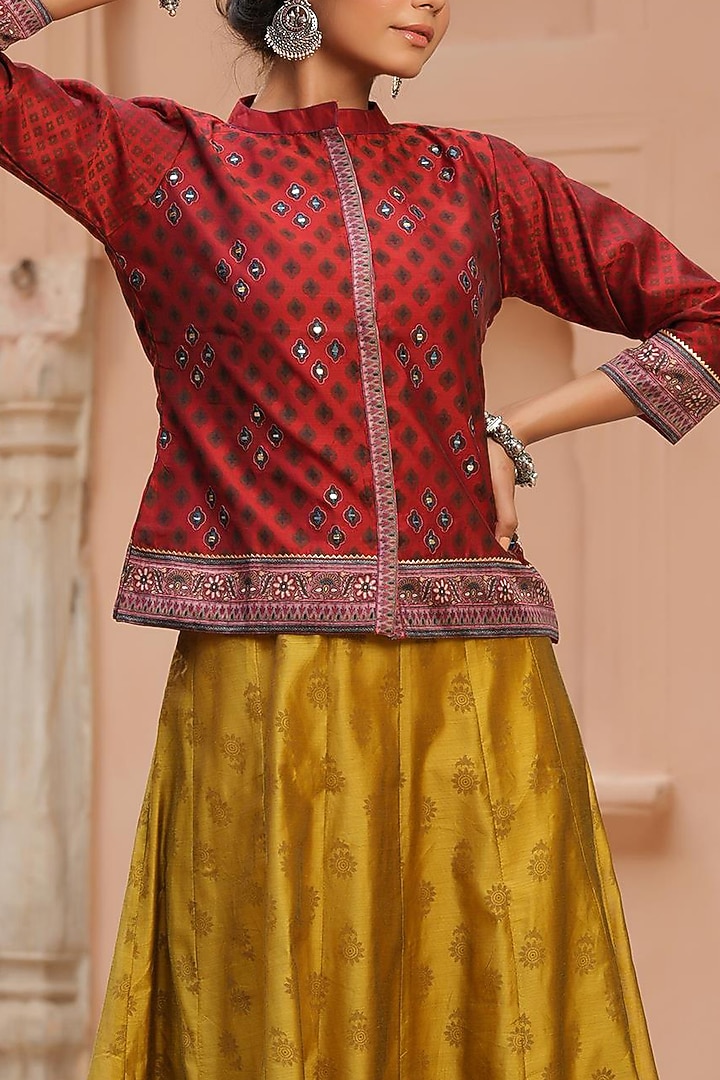 Mustard Banarasi Printed Anarkali With Jacket by Scakhi Luxe at Pernia's Pop Up Shop