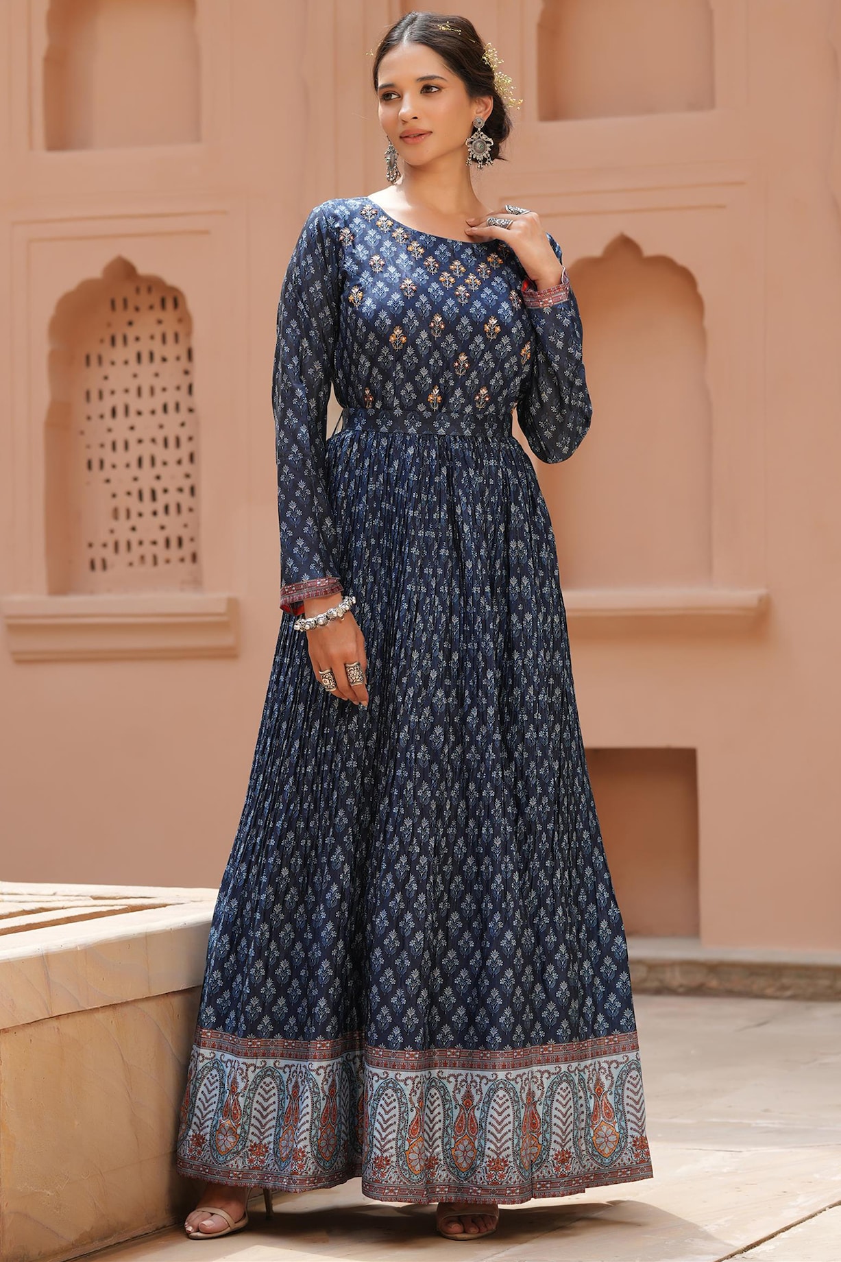 Navy Blue Printed Anarkali Set