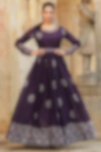 Purple Block Printed Anarkali With Belt by Scakhi