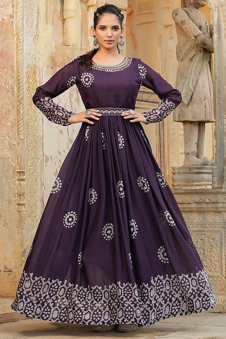 Purple Block Printed Anarkali With Belt by Scakhi