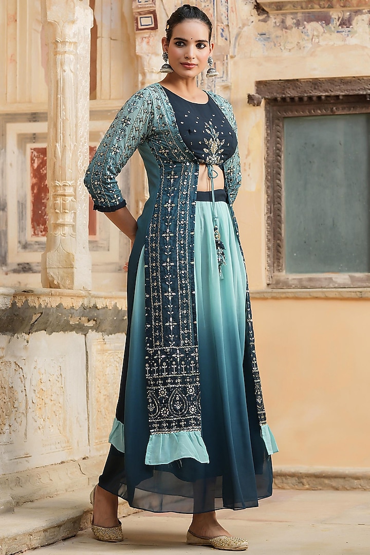 Teal Georgette Skirt Set With Shrug by Scakhi