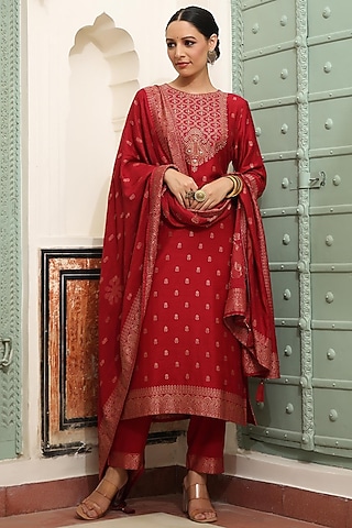 Rust Pashmina Wool Kurta Set by Scakhi Luxe