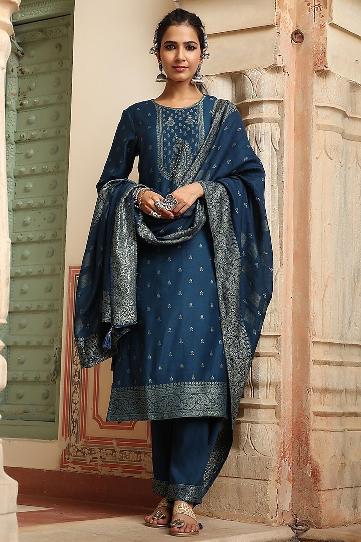Navy Blue Pashmina Wool Kurta Set by Scakhi