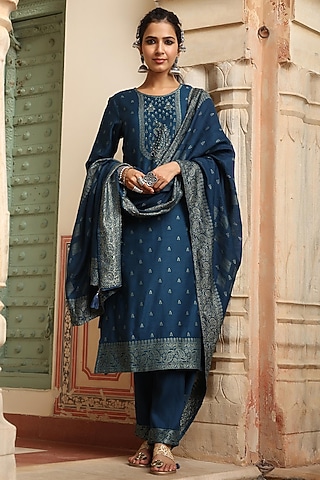 Navy Blue Pashmina Wool Kurta Set by Scakhi Luxe