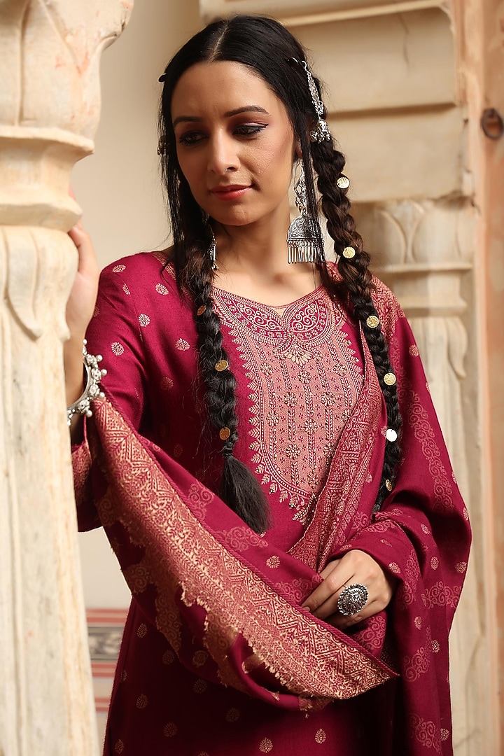 Fuchsia Pashmina Wool Kurta Set by Scakhi Luxe at Pernia's Pop Up Shop