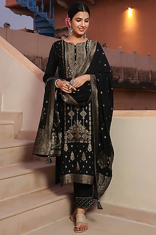 Black Pashmina Wool Kurta Set by Scakhi Luxe