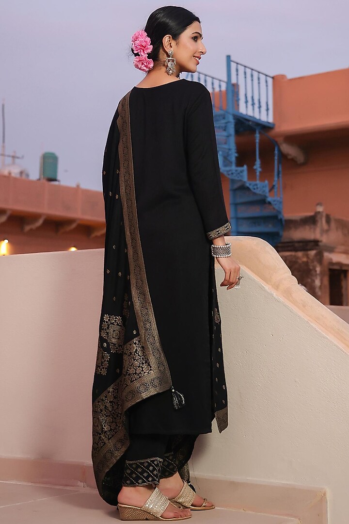 Black Pashmina Wool Kurta Set by Scakhi Luxe at Pernia's Pop Up Shop