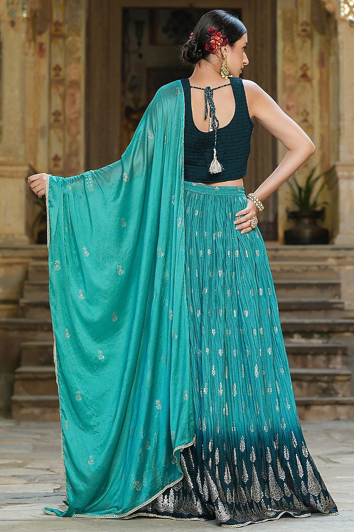 Aqua Ombre Crushed Printed Lehenga Set by Scakhi Luxe at Pernia's Pop Up Shop