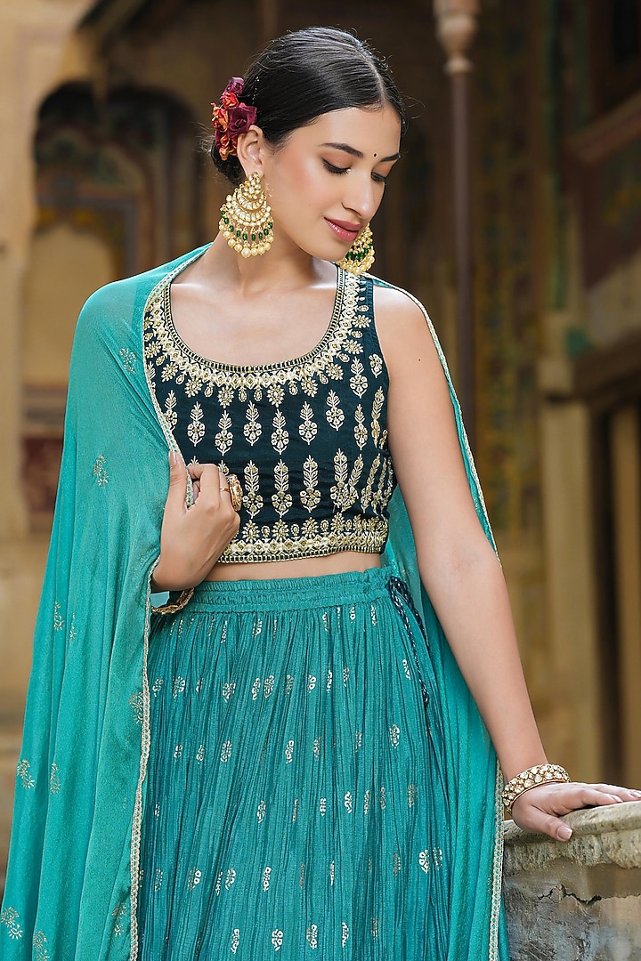 Aqua Ombre Crushed Printed Lehenga Set by Scakhi Luxe at Pernia's Pop Up Shop