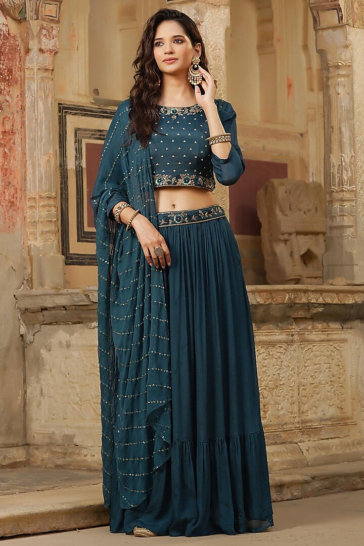 Navy Blue Chinon Silk Pleated Lehenga Set by Scakhi Luxe at Pernia's Pop Up Shop