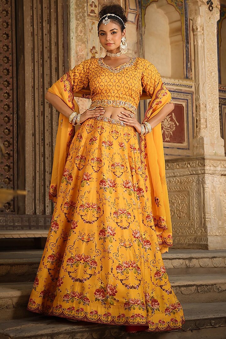 Mustard Printed & Embroidered Lehenga Set by Scakhi