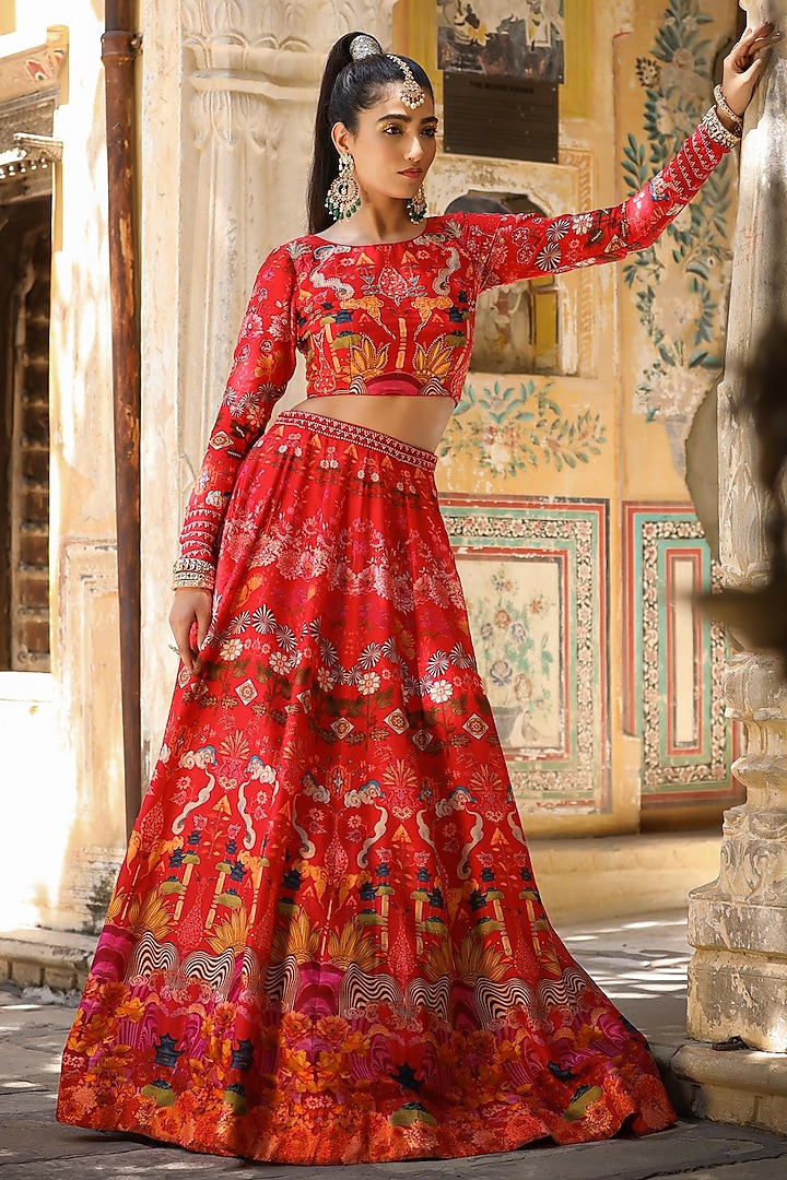 Red Floral Printed Lehenga Set by Scakhi