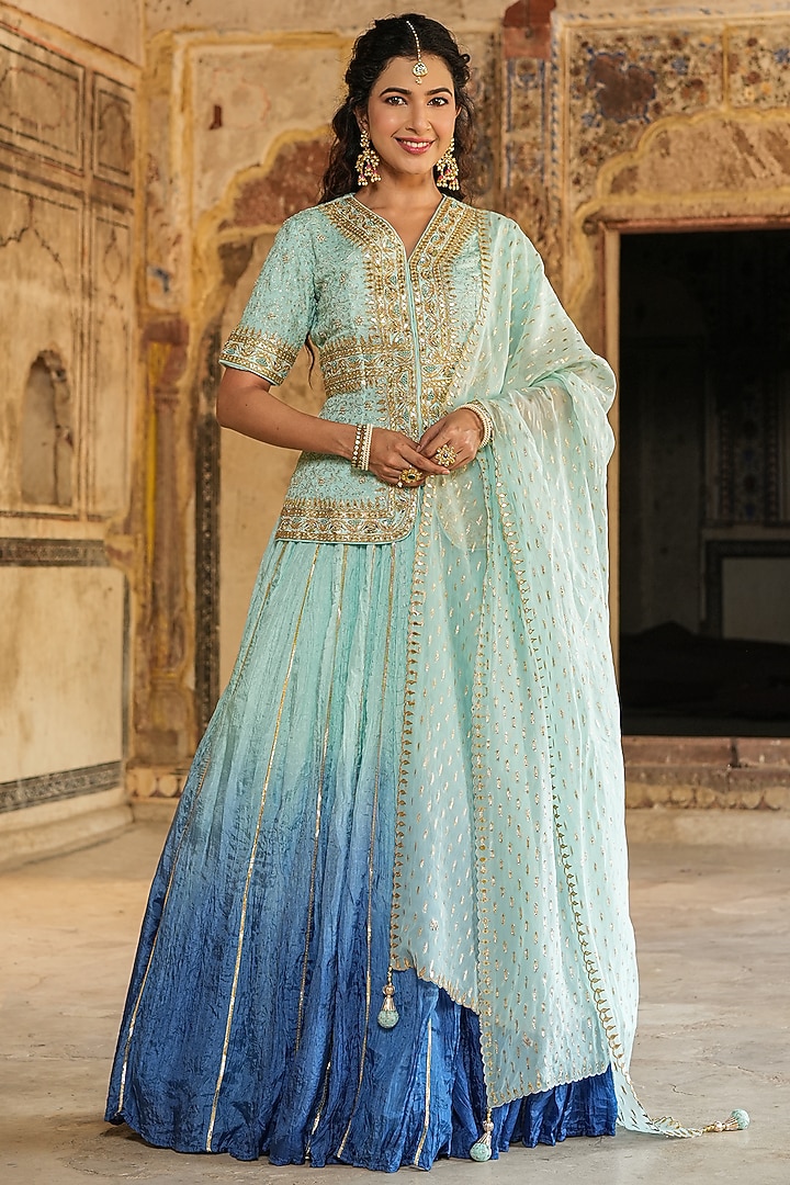 Sky Blue Butter Silk Gota Patti Embellished Wedding Lehenga Set by Scakhi Luxe at Pernia's Pop Up Shop