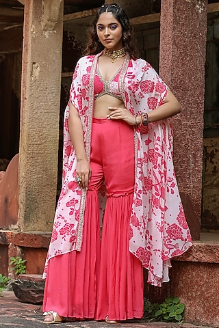 Coral Chinon Silk Floral Printed Cape Set by Scakhi Luxe