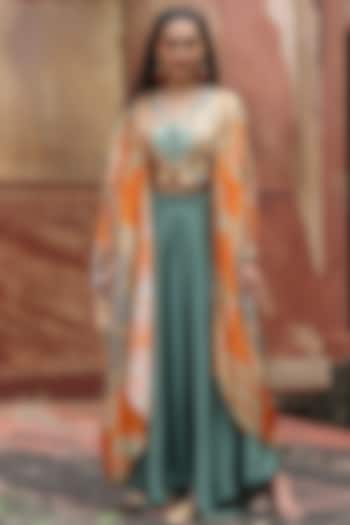 Orange Satin Motifs Printed & Sequins Embellished Cape Set by Scakhi Luxe at Pernia's Pop Up Shop