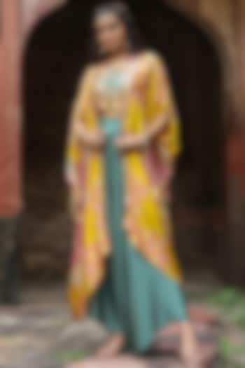 Yellow Satin Motifs Printed & Sequins Embellished Cape Set by Scakhi Luxe at Pernia's Pop Up Shop