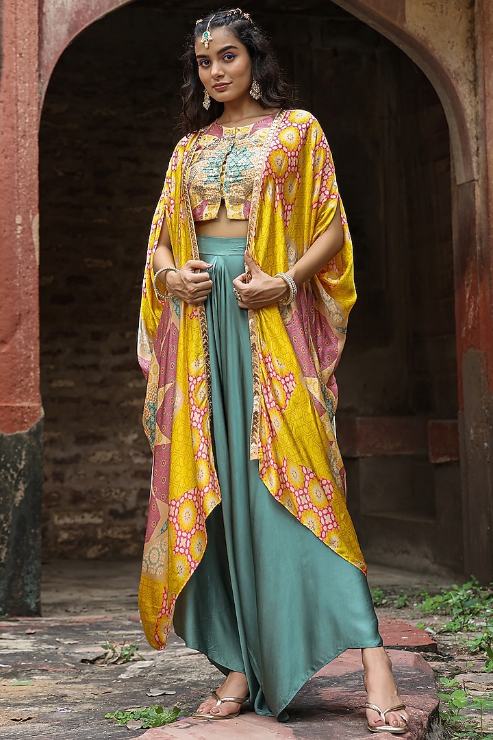 Yellow Satin Motifs Printed & Sequins Embellished Cape Set by Scakhi Luxe at Pernia's Pop Up Shop