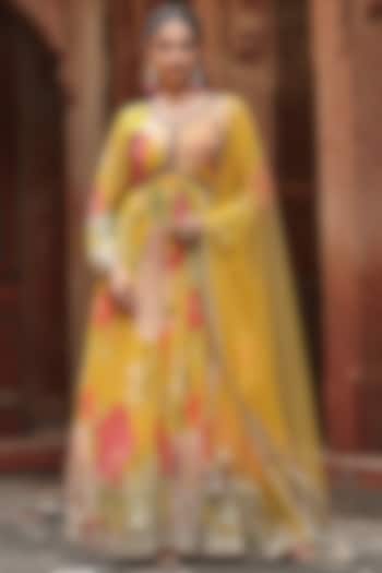 Yellow Chinon Silk Floral Printed & Sequins Embellished Kurta Set by Scakhi Luxe at Pernia's Pop Up Shop