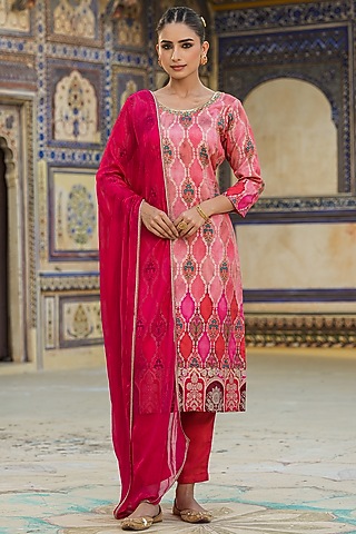 Coral Banarasi Silk Jacquard Floral Printed & Sequins Embellished Kurta Set by Scakhi Luxe