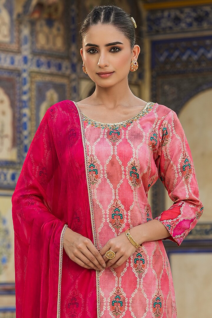 Coral Banarasi Silk Jacquard Floral Printed & Sequins Embellished Kurta Set by Scakhi Luxe at Pernia's Pop Up Shop