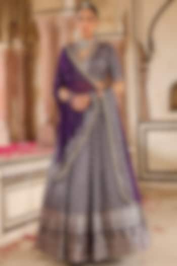 Purple Banarasi Silk Jacquard Bandhani Printed & Sequins Embellished Gathered Lehenga Set by Scakhi