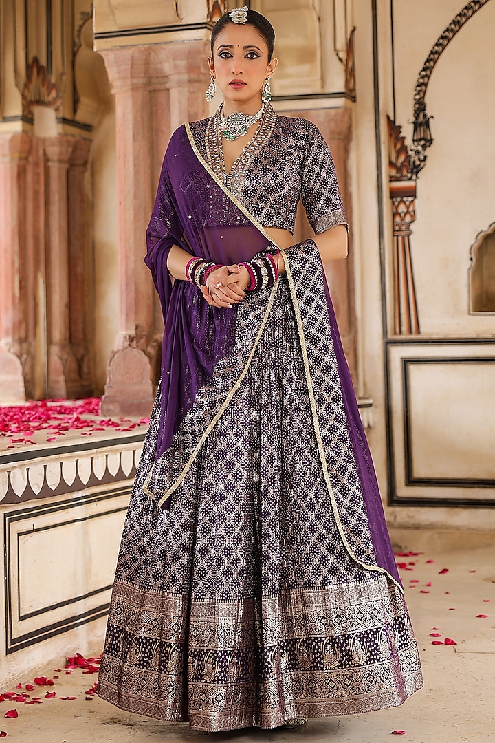 Purple Banarasi Silk Jacquard Bandhani Printed & Sequins Embellished Gathered Lehenga Set by Scakhi