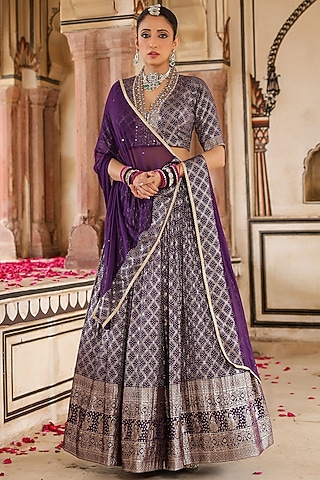 Purple Banarasi Silk Jacquard Bandhani Printed & Sequins Embellished Gathered Lehenga Set by Scakhi Luxe
