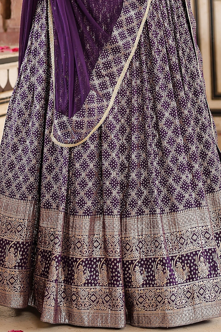 Purple Banarasi Silk Jacquard Bandhani Printed & Sequins Embellished Gathered Lehenga Set by Scakhi Luxe at Pernia's Pop Up Shop