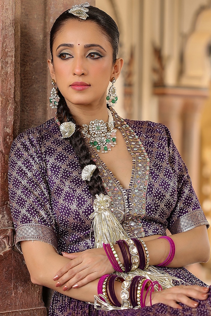 Purple Banarasi Silk Jacquard Bandhani Printed & Sequins Embellished Gathered Lehenga Set by Scakhi Luxe at Pernia's Pop Up Shop